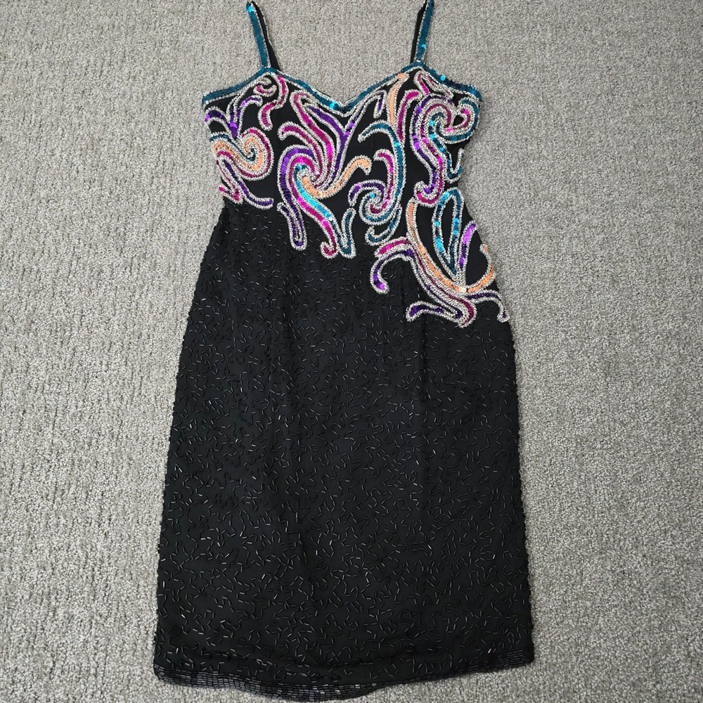 Alyce Designs Vintage Silk Beaded Dress 6 Black Sequin Y2K Formal Cocktail